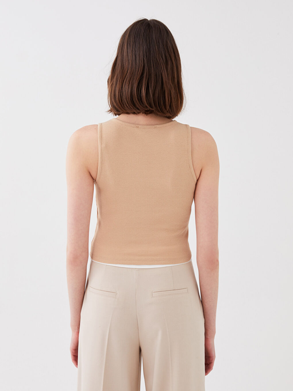 Bej Kadın Bisiklet Yaka Düz Crop-4