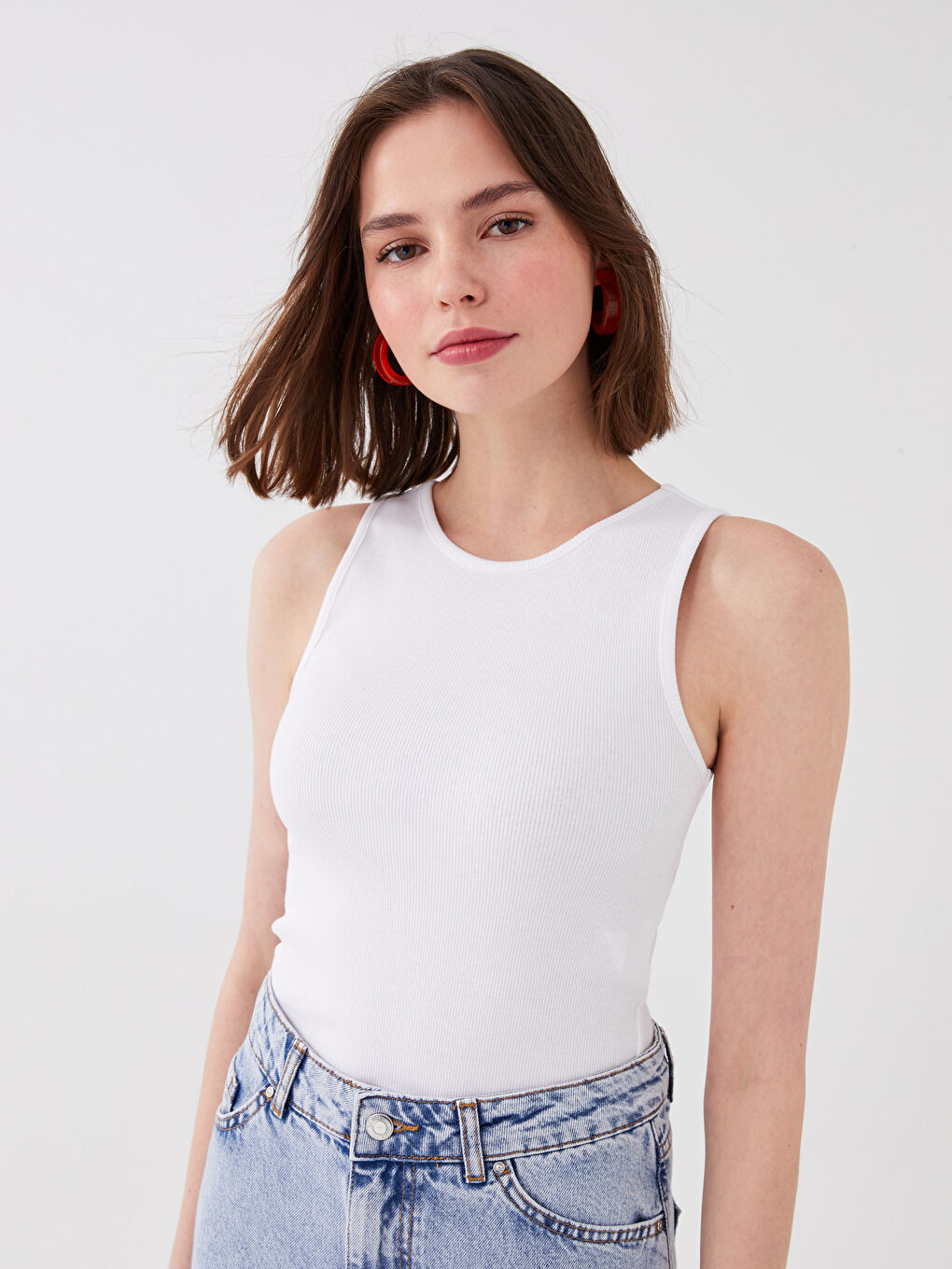 Beyaz Kadın Bisiklet Yaka Düz Crop