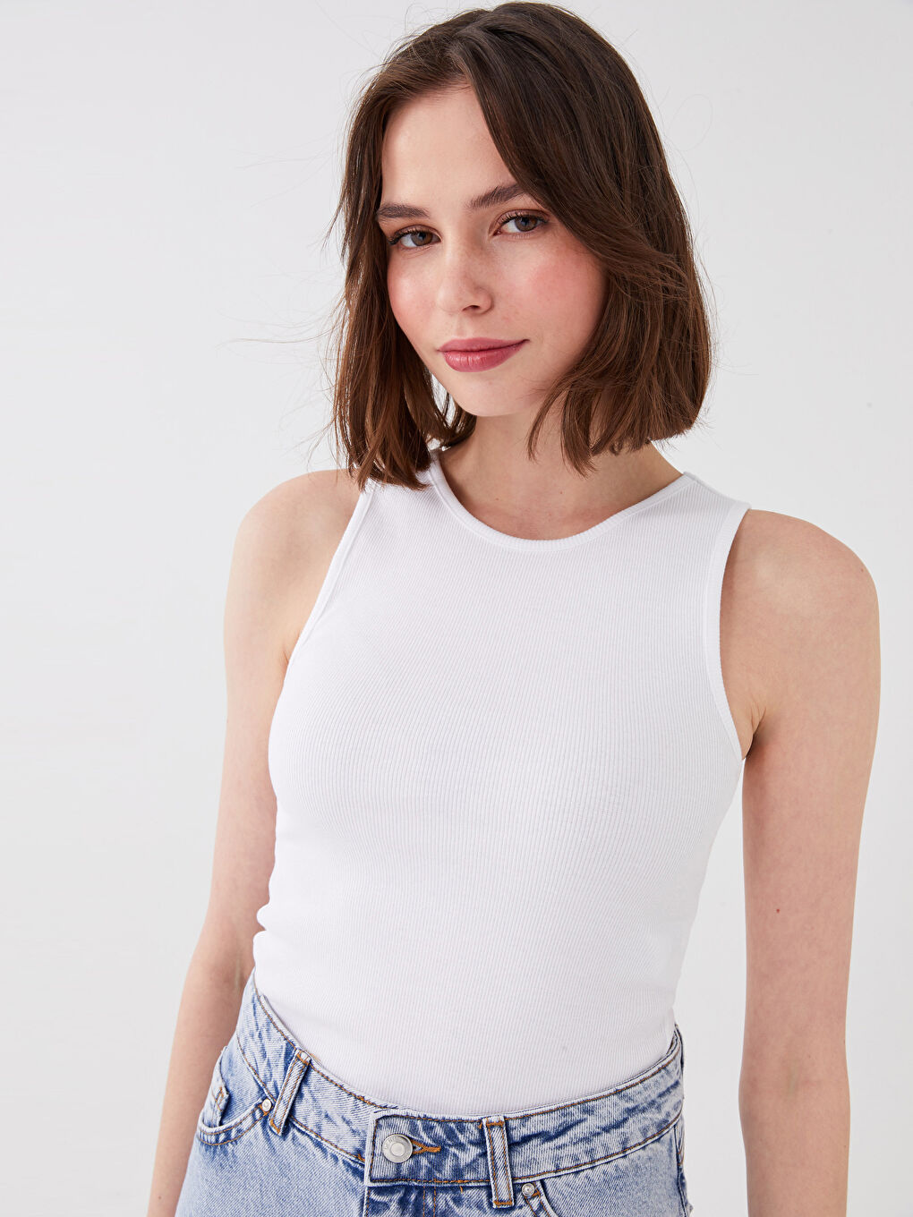 Beyaz Kadın Bisiklet Yaka Düz Crop-1