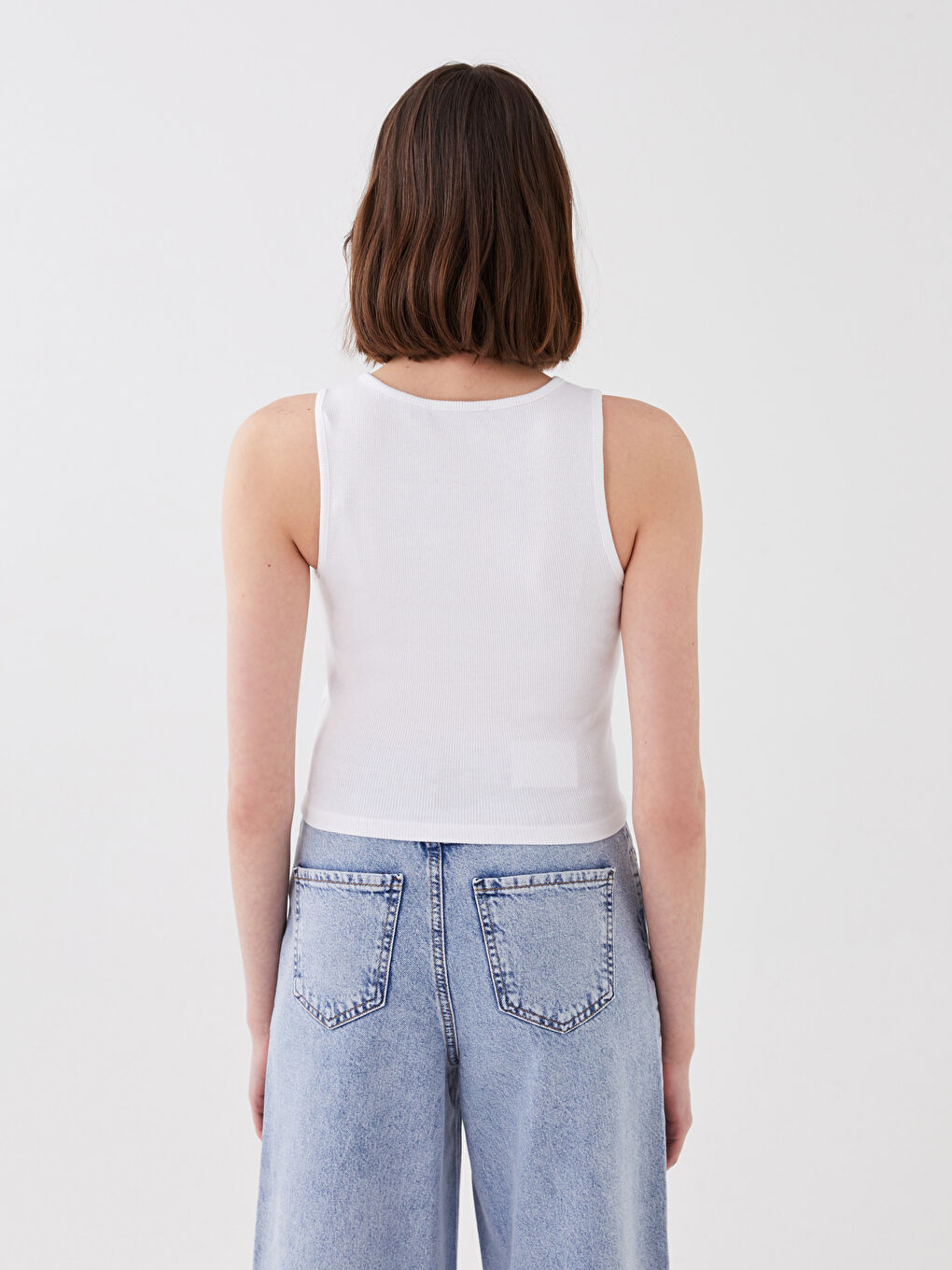 Beyaz Kadın Bisiklet Yaka Düz Crop-4