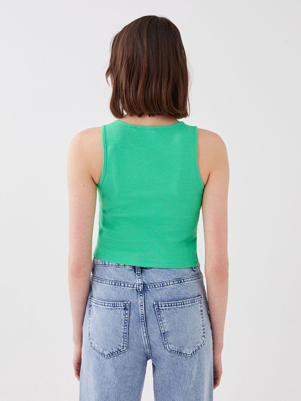 Yeşil Kadın Bisiklet Yaka Düz Crop-4