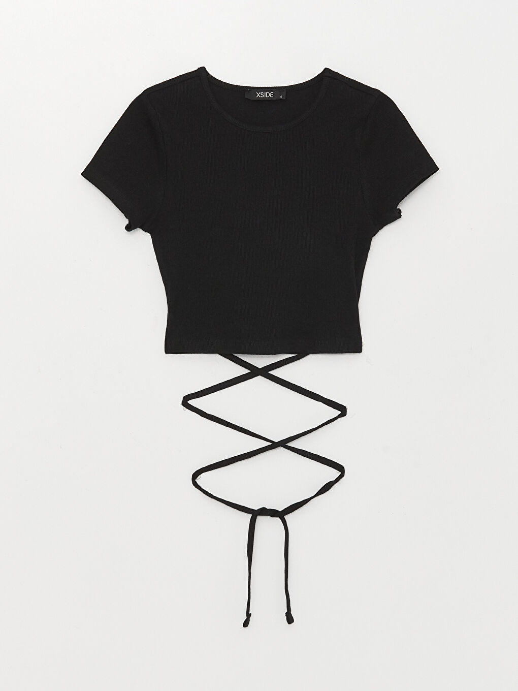 Siyah Bisiklet Yaka Düz Kısa Kollu Kadın Crop-5