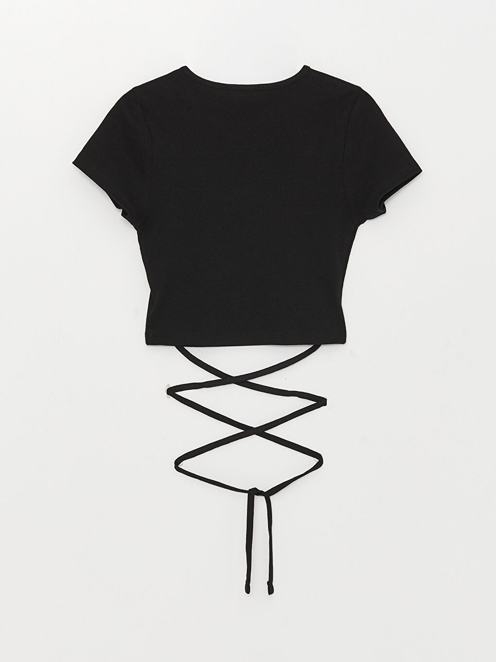 Siyah Bisiklet Yaka Düz Kısa Kollu Kadın Crop-6