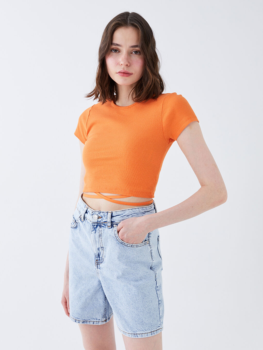 Crew Neck Plain Short Sleeve Women's Crop