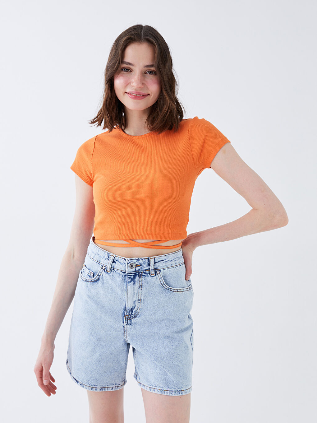 Crew Neck Plain Short Sleeve Women's Crop-1