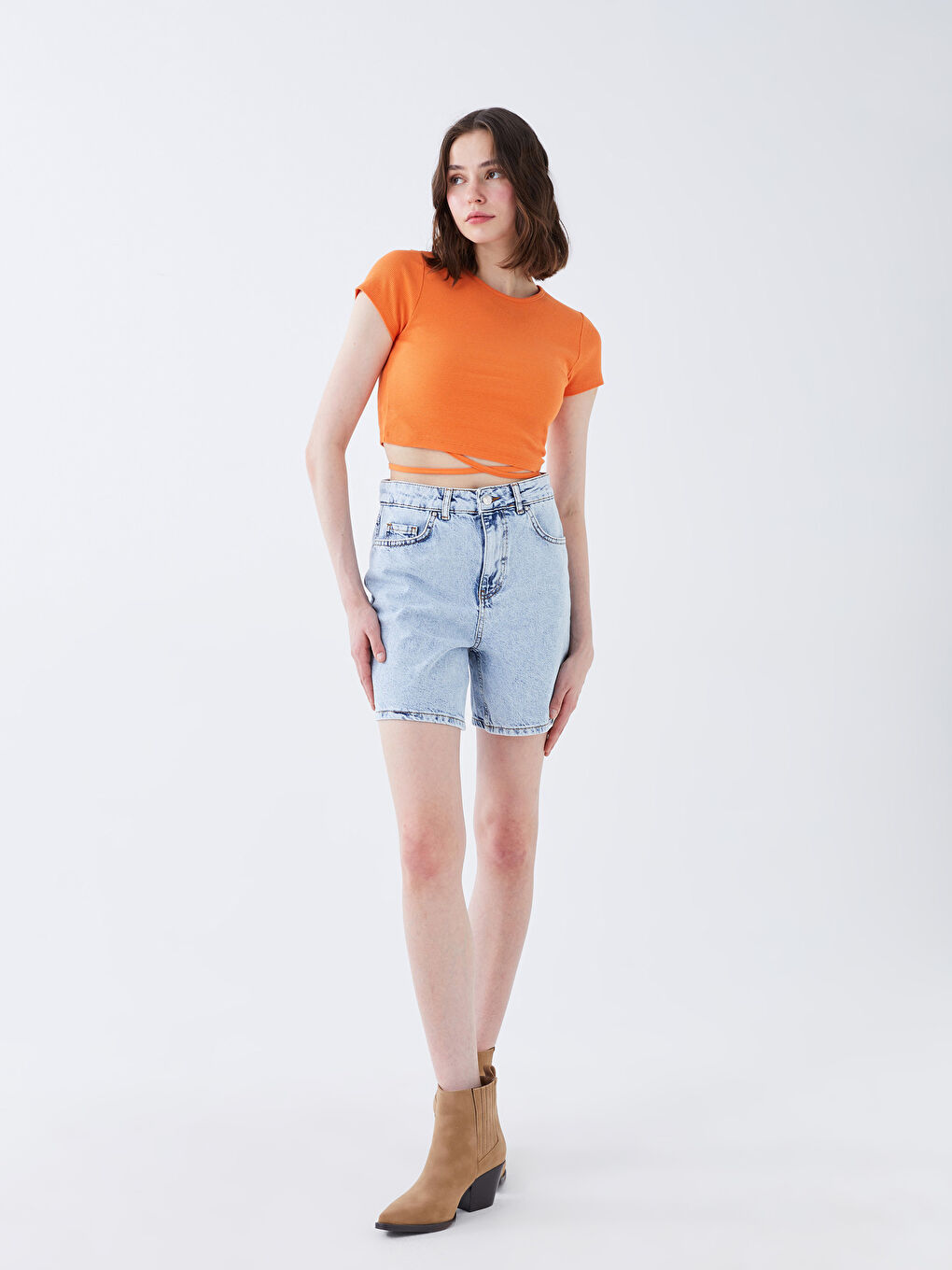 Crew Neck Plain Short Sleeve Women's Crop-2