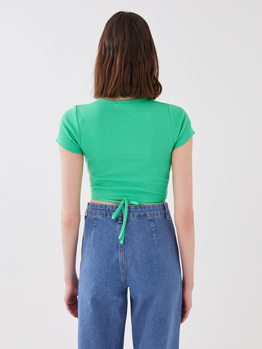 Crew Neck Plain Short Sleeve Women's Crop-4