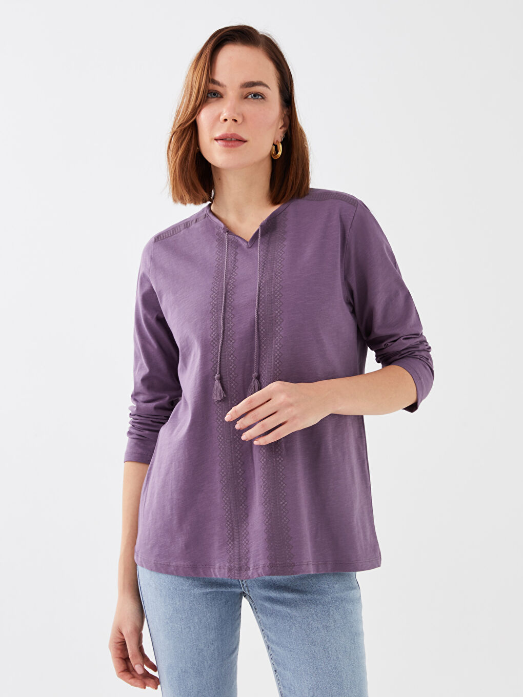 Mürdüm Bağlamalı Yaka Dantel Detaylı Uzun Kollu Kadın Bluz