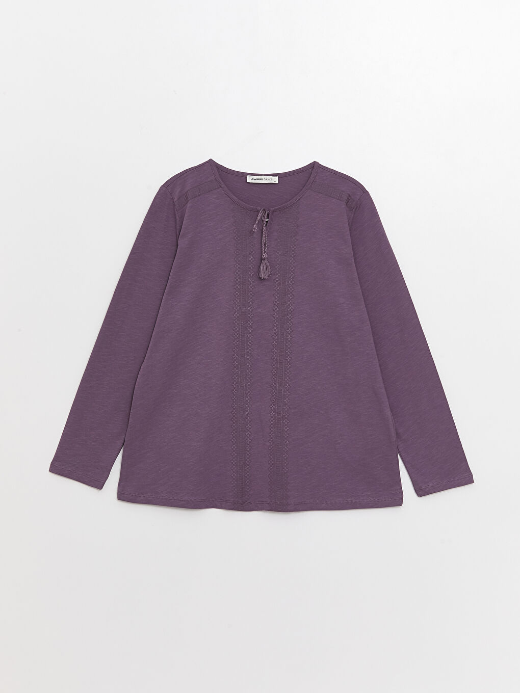 Mürdüm Bağlamalı Yaka Dantel Detaylı Uzun Kollu Kadın Bluz-5