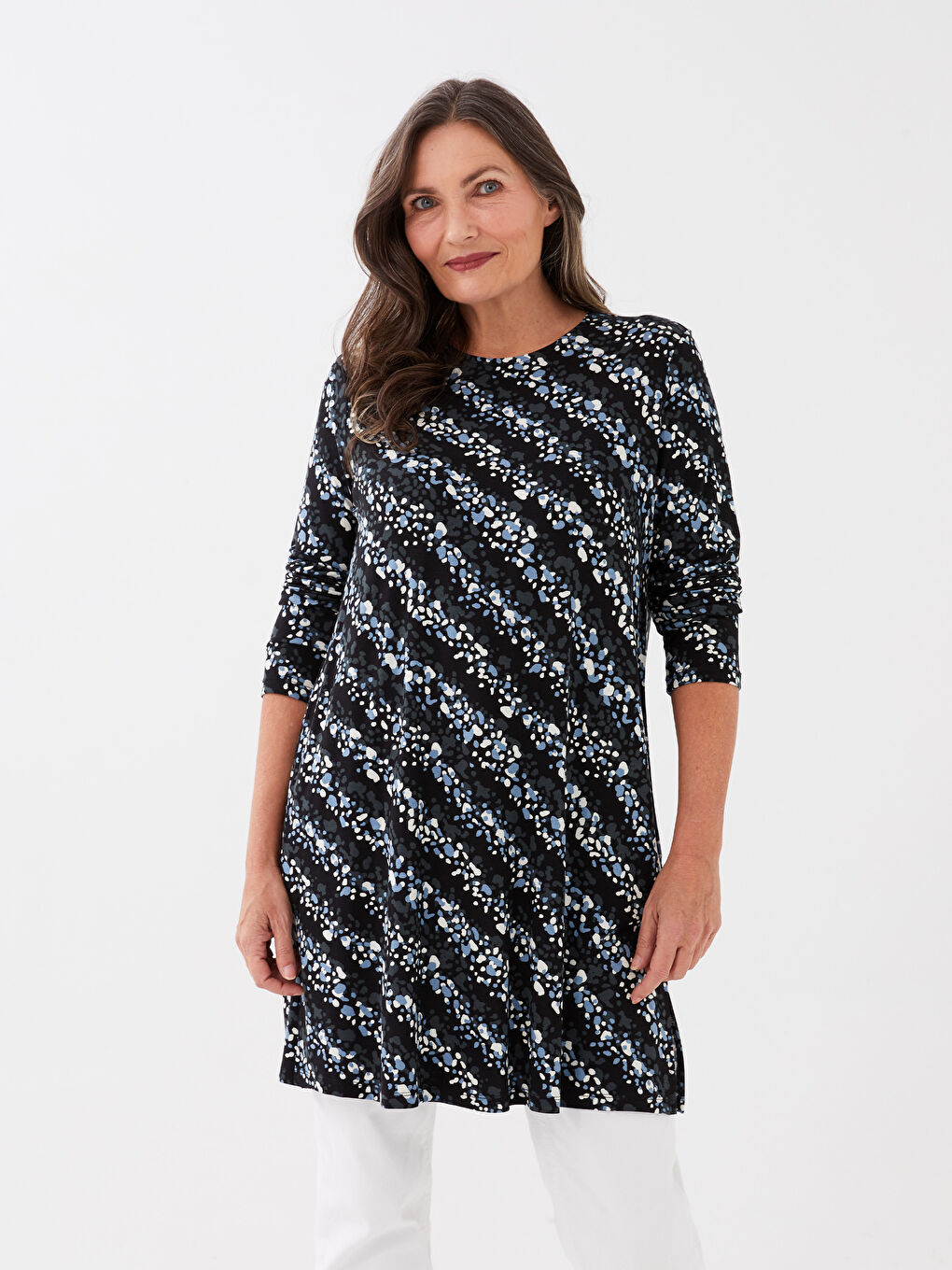 Siyah Bisiklet Yaka Desenli Uzun Kollu Kadın Tunik