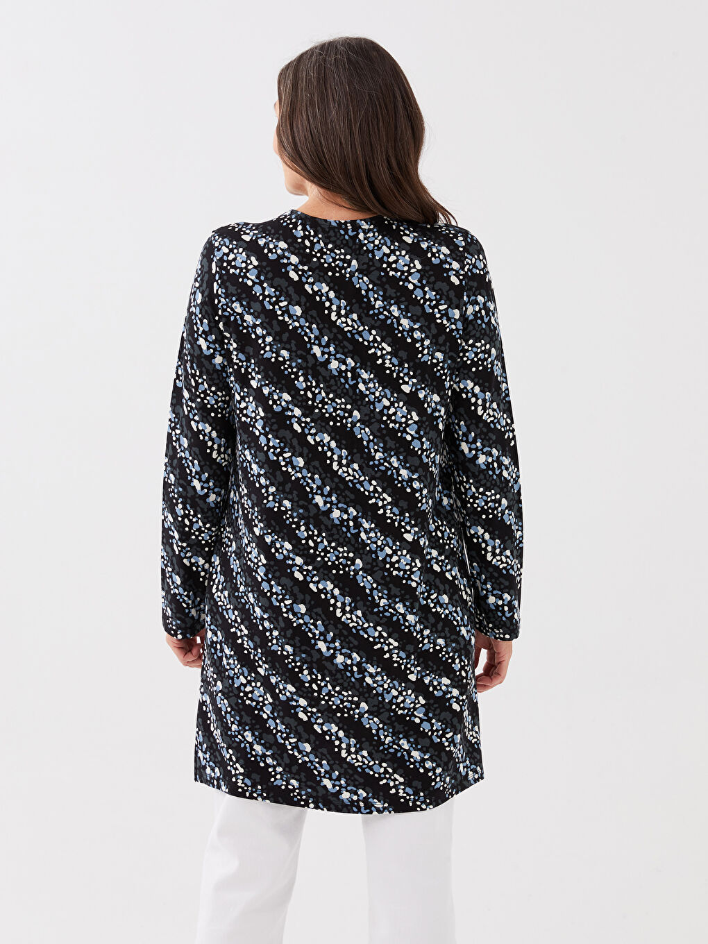 Siyah Bisiklet Yaka Desenli Uzun Kollu Kadın Tunik-4