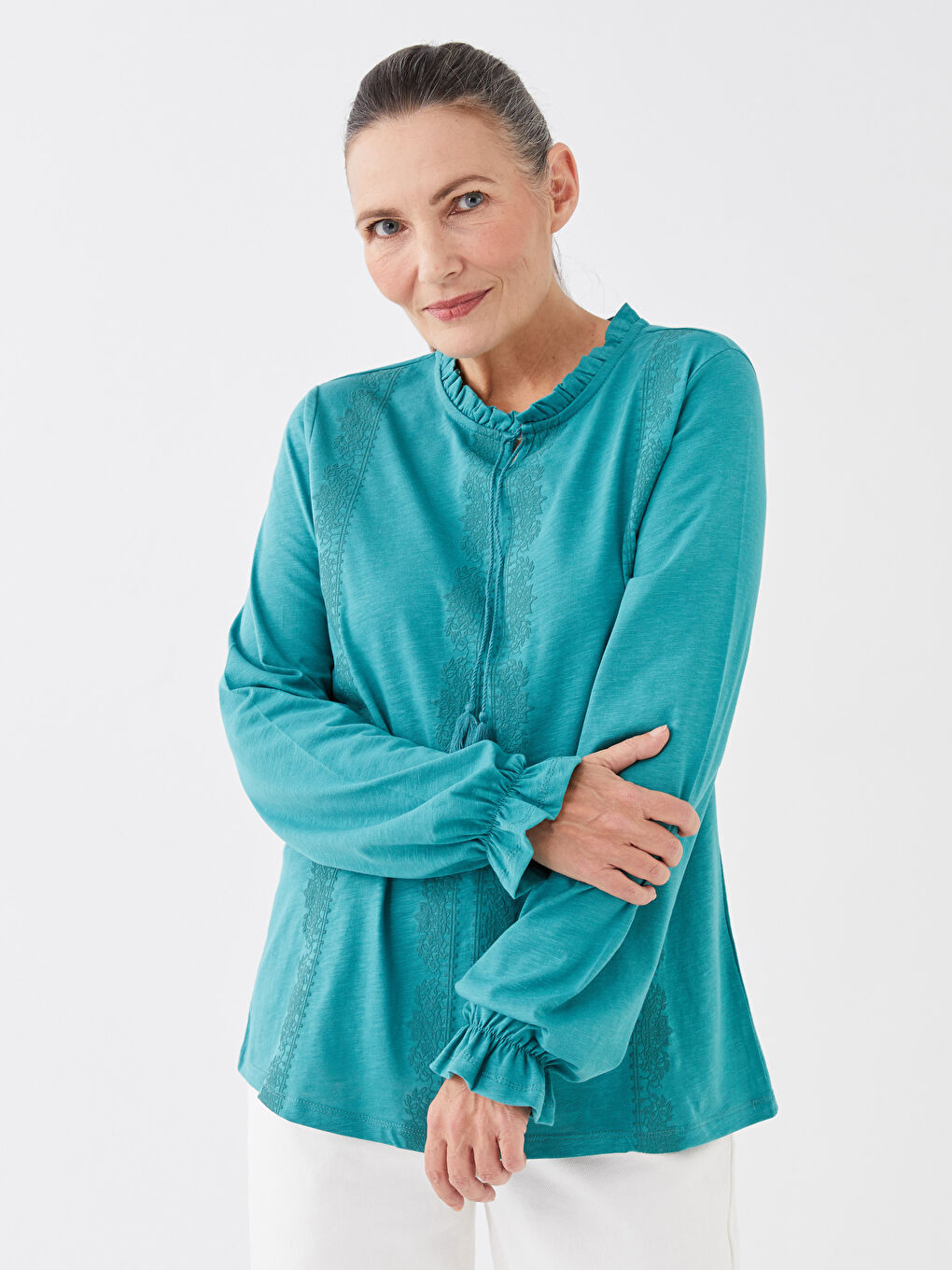 Bluză cu Guler cu Panglică Brodată și Mânecă Lungă pentru Femei