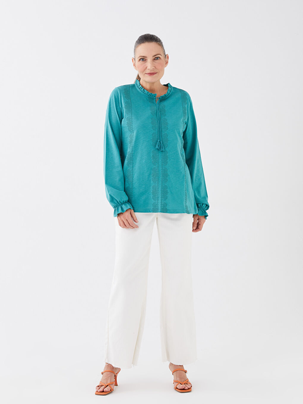 Bluză cu Guler cu Panglică Brodată și Mânecă Lungă pentru Femei-2