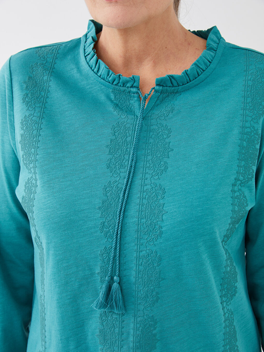 Bluză cu Guler cu Panglică Brodată și Mânecă Lungă pentru Femei-3