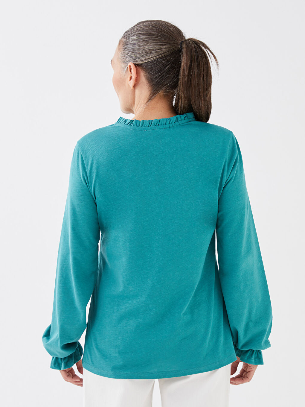 Bluză cu Guler cu Panglică Brodată și Mânecă Lungă pentru Femei-4