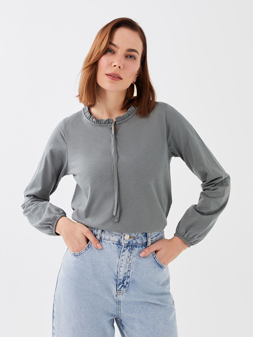 Gri Bağlamalı Yaka Düz Uzun Kollu Kadın Bluz