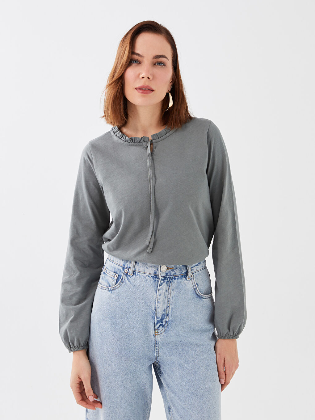 Gri Bağlamalı Yaka Düz Uzun Kollu Kadın Bluz-1