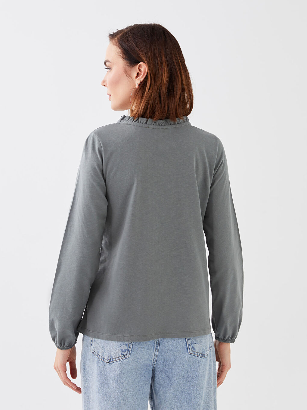 Gri Bağlamalı Yaka Düz Uzun Kollu Kadın Bluz-3