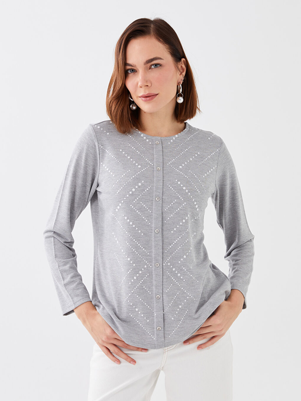 Gri Bisiklet Yaka Baskılı Uzun Kollu Kadın Bluz