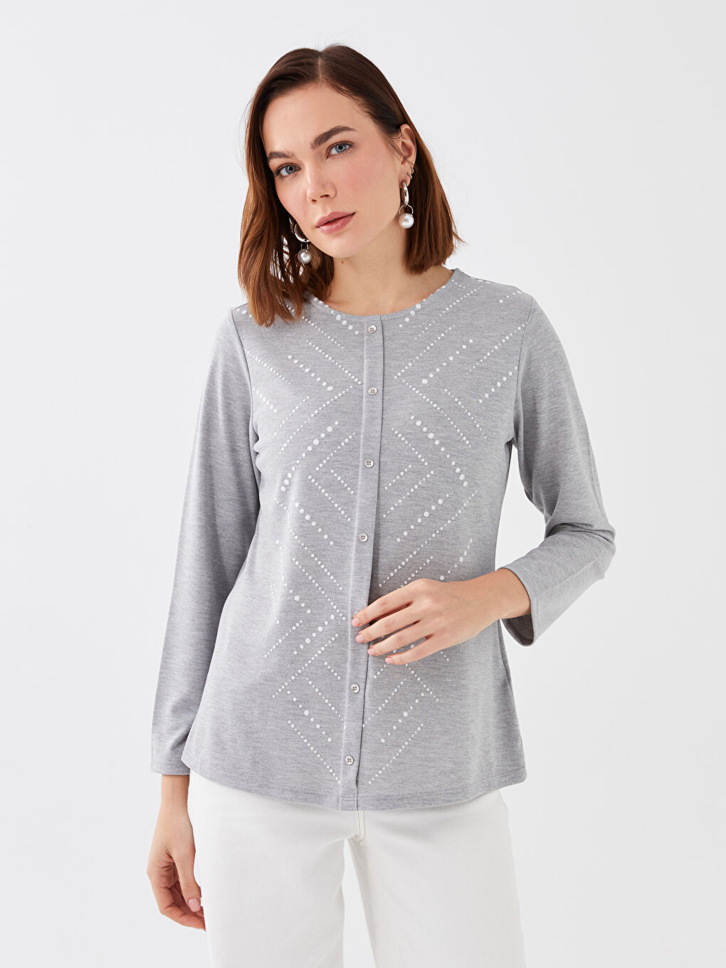 Gri Bisiklet Yaka Baskılı Uzun Kollu Kadın Bluz-1