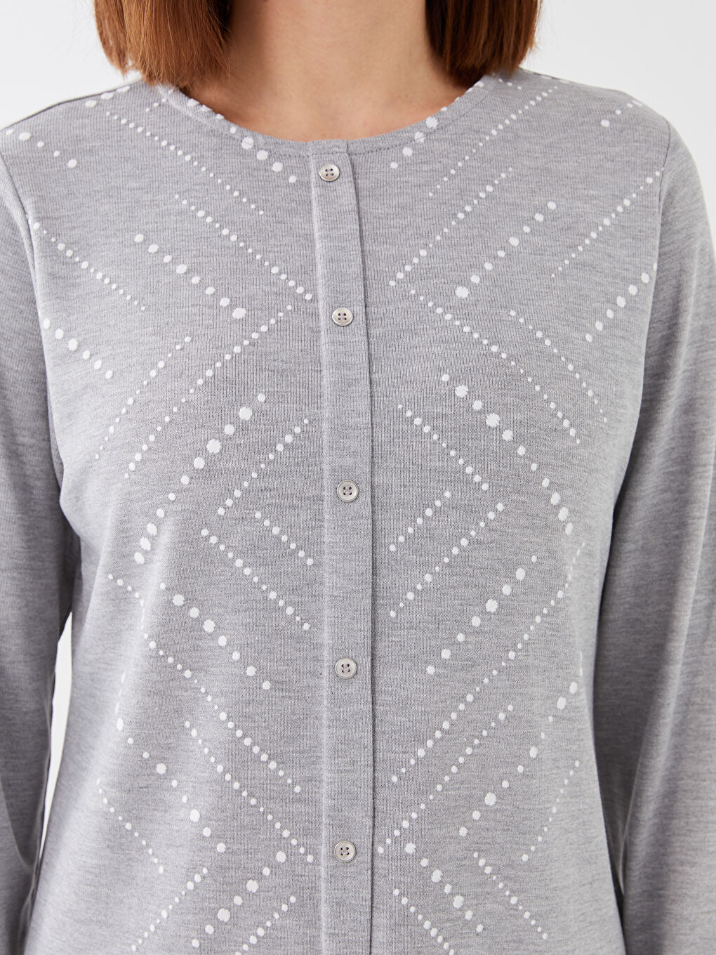 Gri Bisiklet Yaka Baskılı Uzun Kollu Kadın Bluz-3