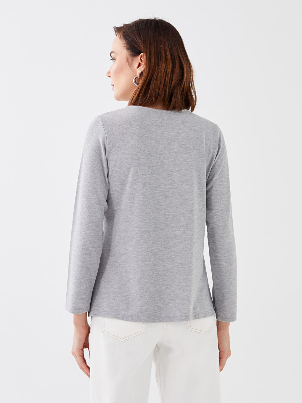 Gri Bisiklet Yaka Baskılı Uzun Kollu Kadın Bluz-4