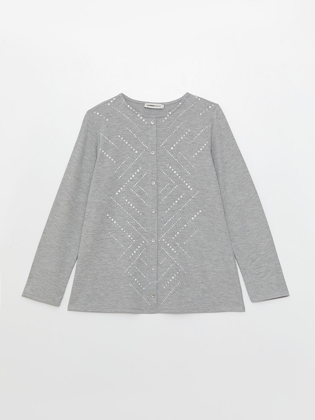 Gri Bisiklet Yaka Baskılı Uzun Kollu Kadın Bluz-5