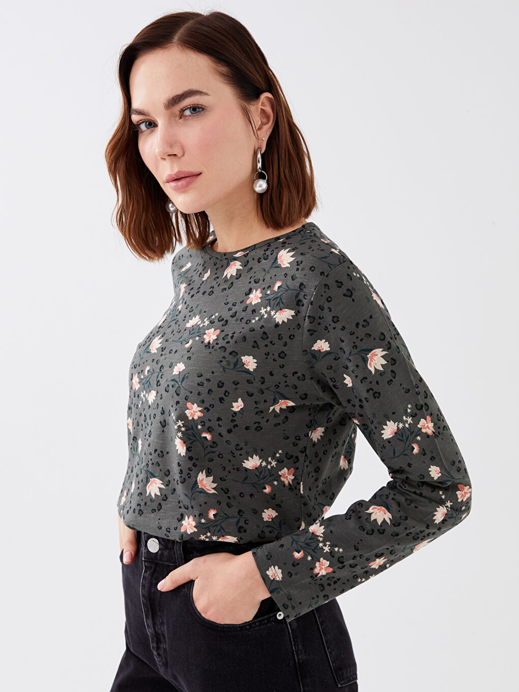 Crew Neck Patterned Long Sleeve Women's T-Shirt