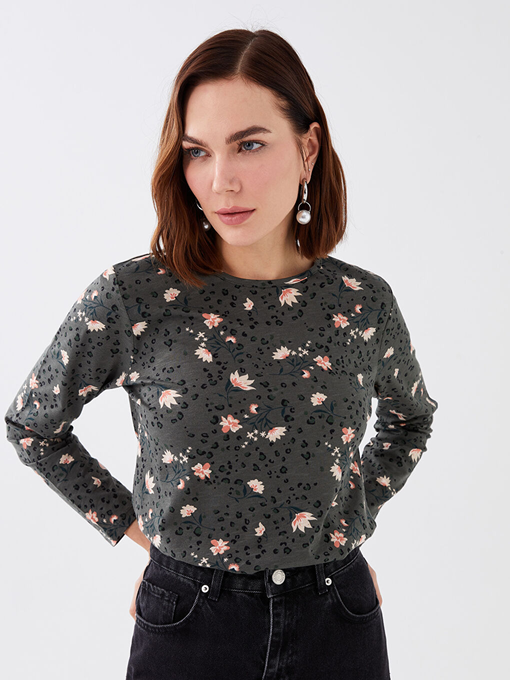 Crew Neck Patterned Long Sleeve Women's T-Shirt-1