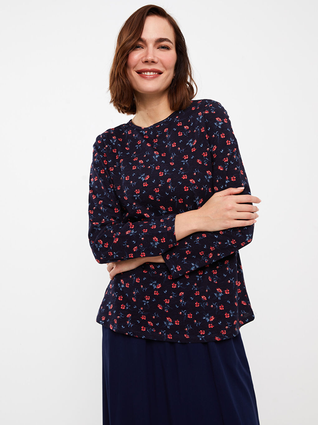 Crew Neck Patterned Long Sleeve Women's T-Shirt