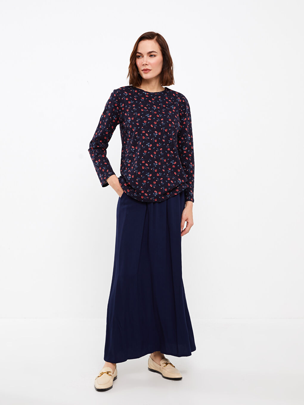 Crew Neck Patterned Long Sleeve Women's T-Shirt-1