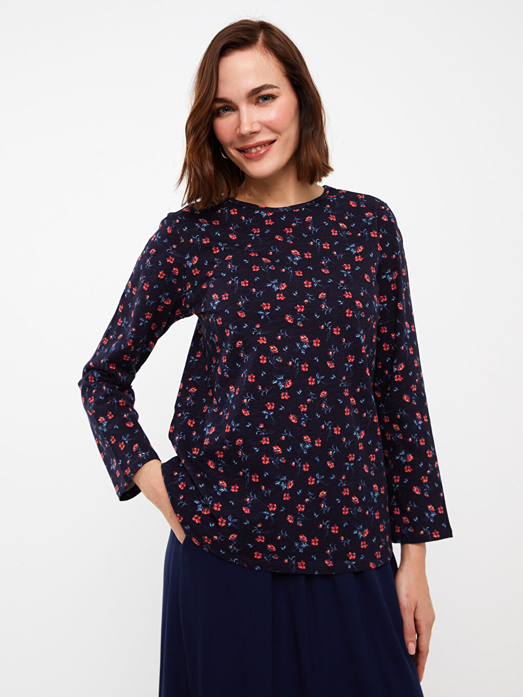 Crew Neck Patterned Long Sleeve Women's T-Shirt-2