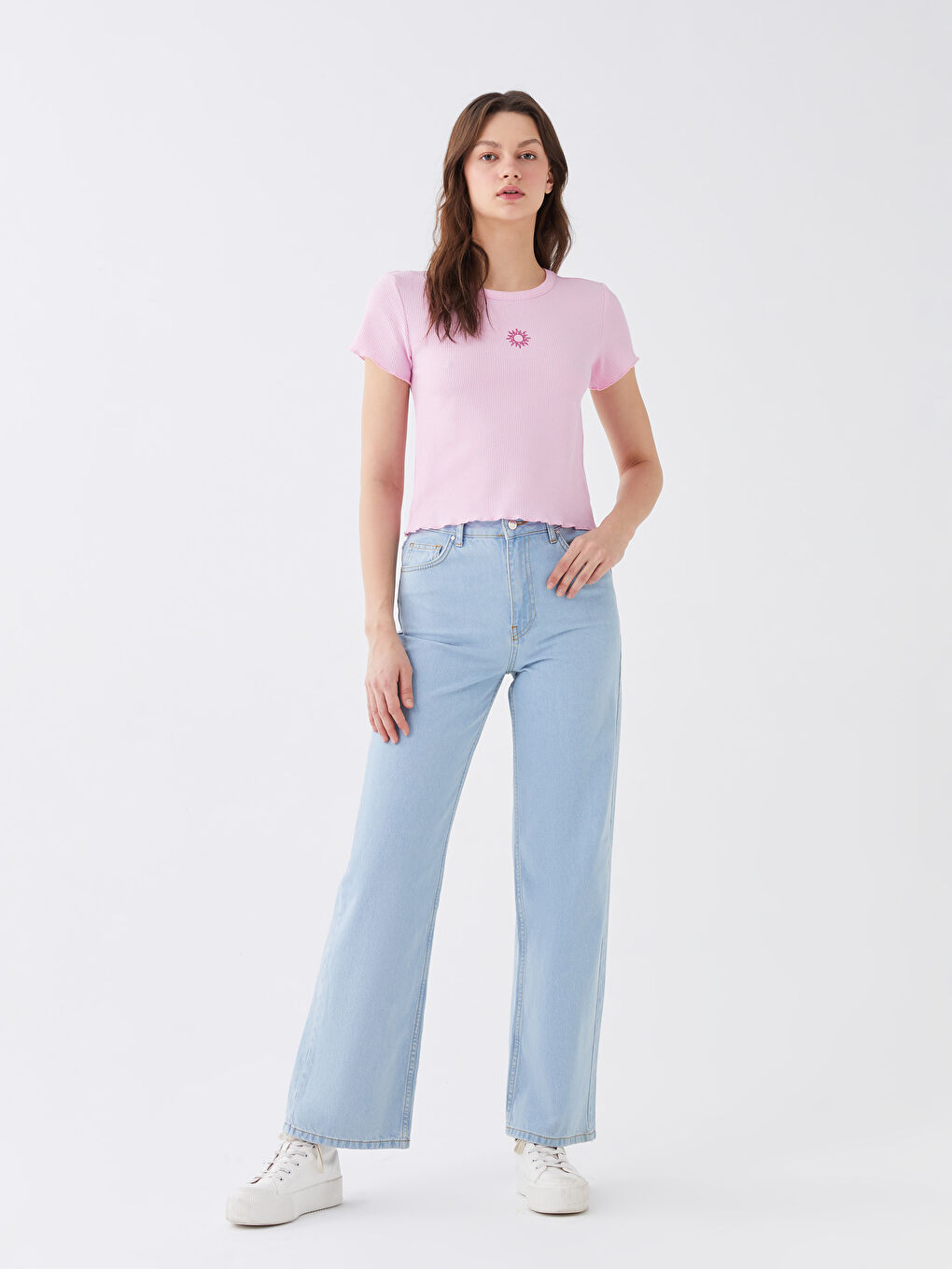 Pembe Bisiklet Yaka Nakışlı Kadın Crop-2