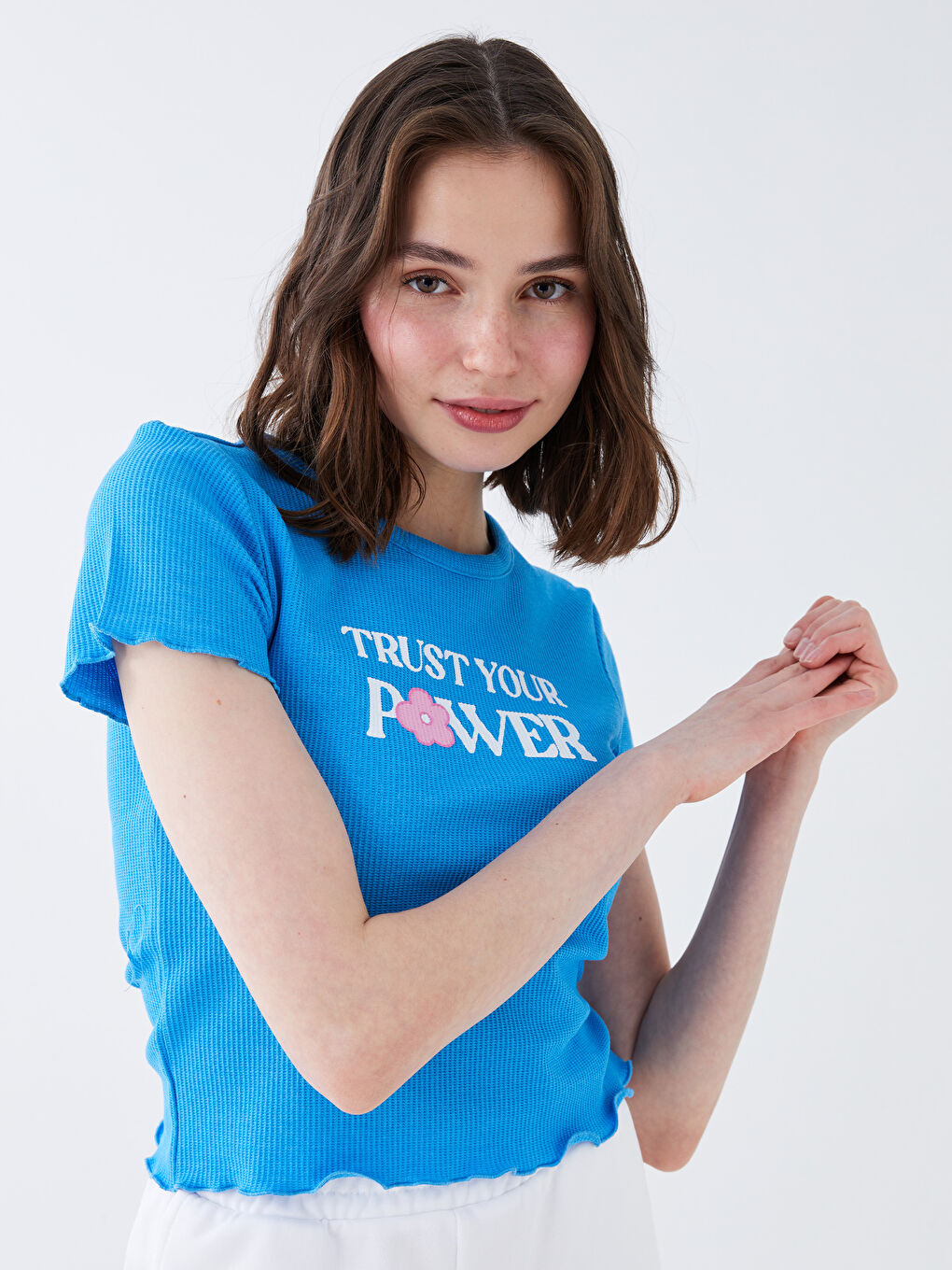 Mavi Bisiklet Yaka Baskılı Kadın Crop