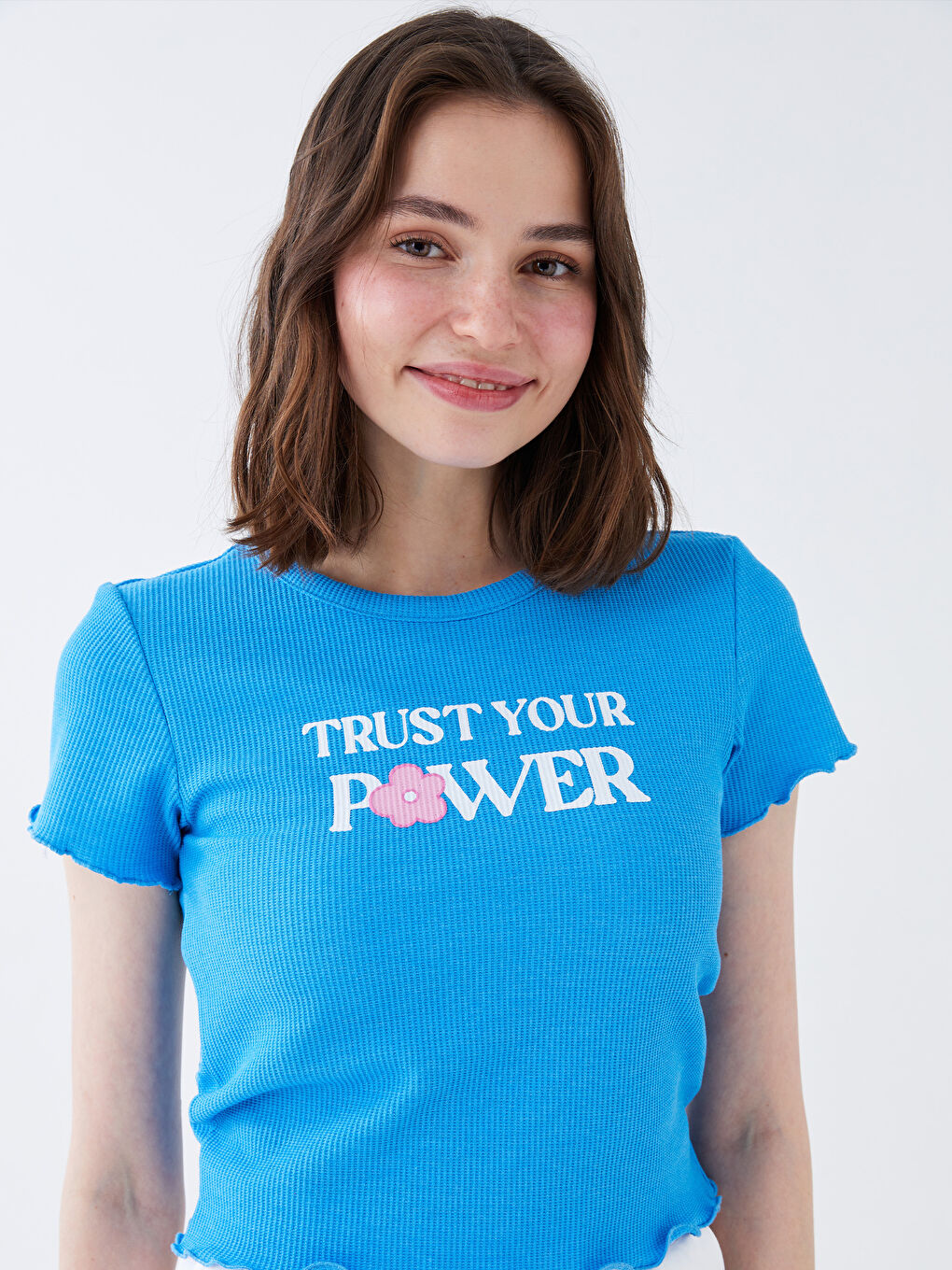 Mavi Bisiklet Yaka Baskılı Kadın Crop-1