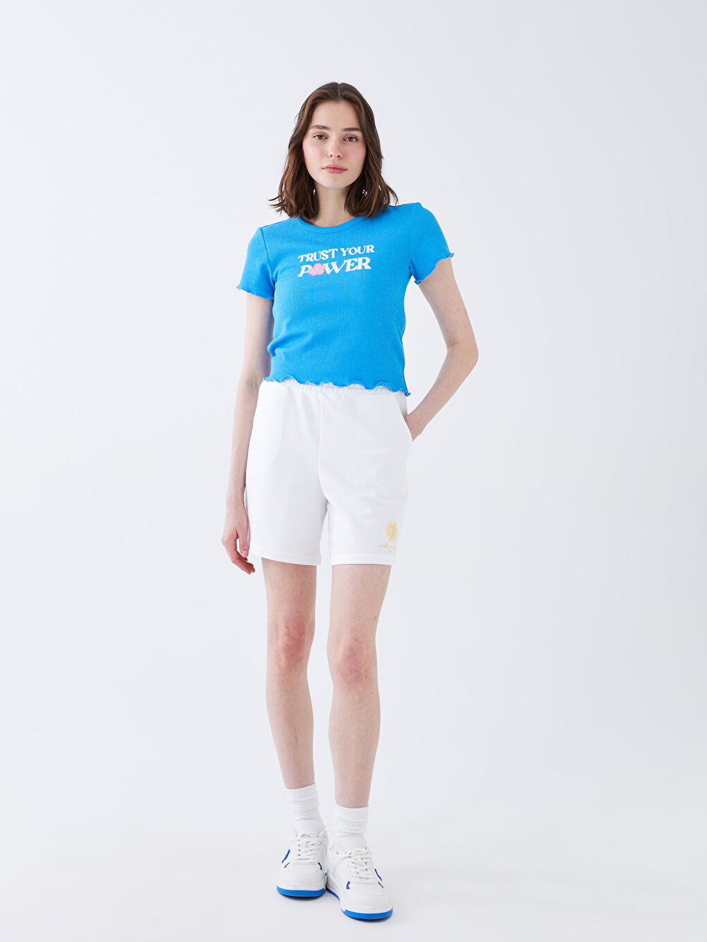 Mavi Bisiklet Yaka Baskılı Kadın Crop-2