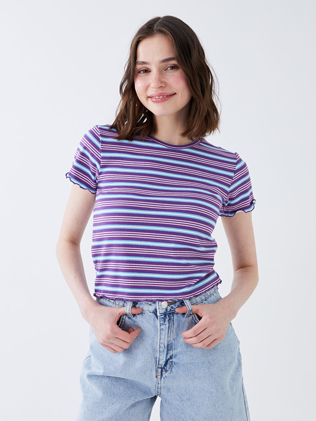 Fuşya Bisiklet Yaka Çizgili Kısa Kollu Kadın Crop