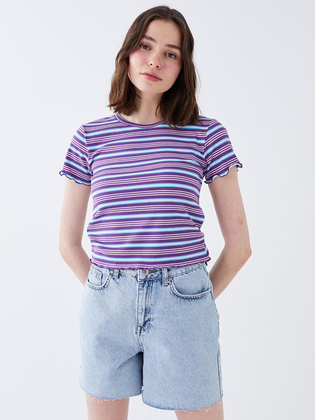 Fuşya Bisiklet Yaka Çizgili Kısa Kollu Kadın Crop-1