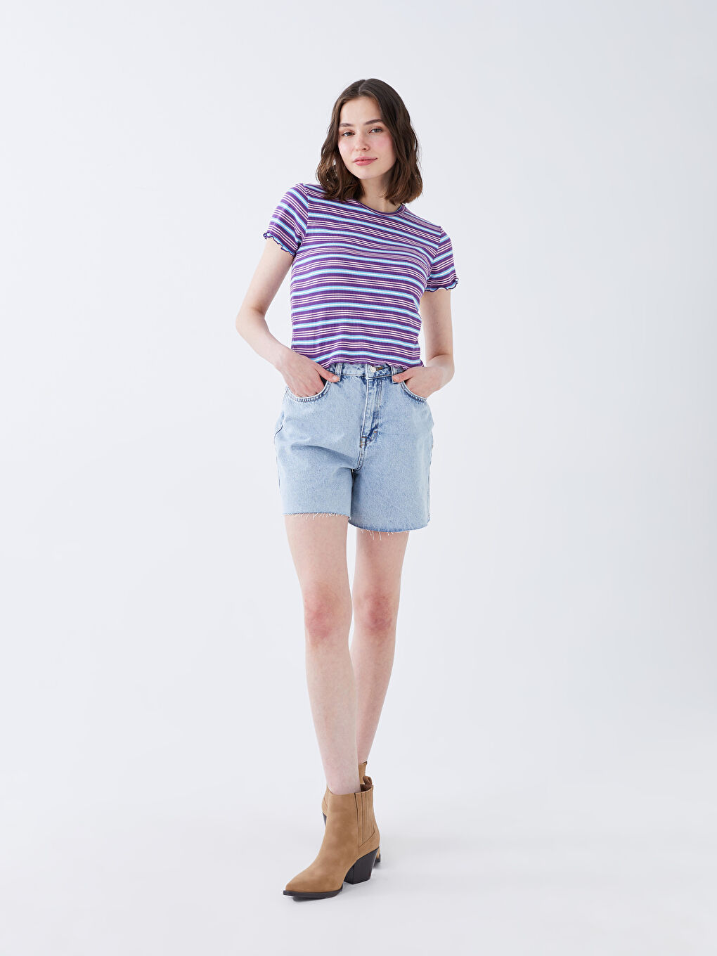 Fuşya Bisiklet Yaka Çizgili Kısa Kollu Kadın Crop-2