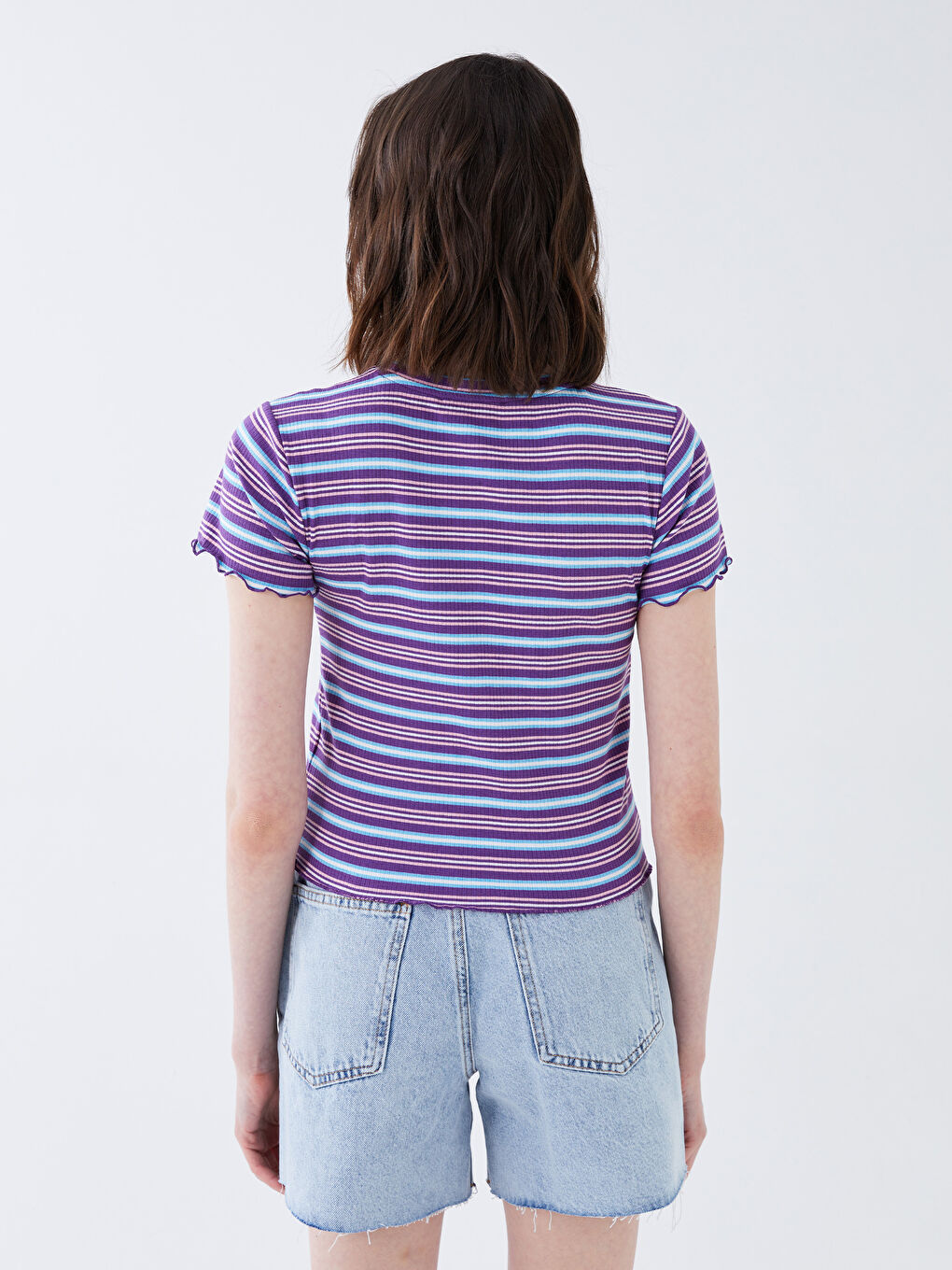 Fuşya Bisiklet Yaka Çizgili Kısa Kollu Kadın Crop-4