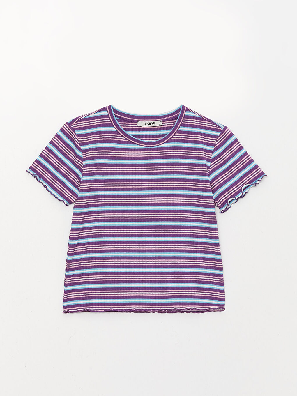 Fuşya Bisiklet Yaka Çizgili Kısa Kollu Kadın Crop-5