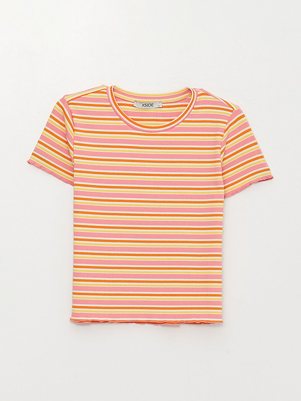 Pembe Bisiklet Yaka Çizgili Kısa Kollu Kadın Crop-5