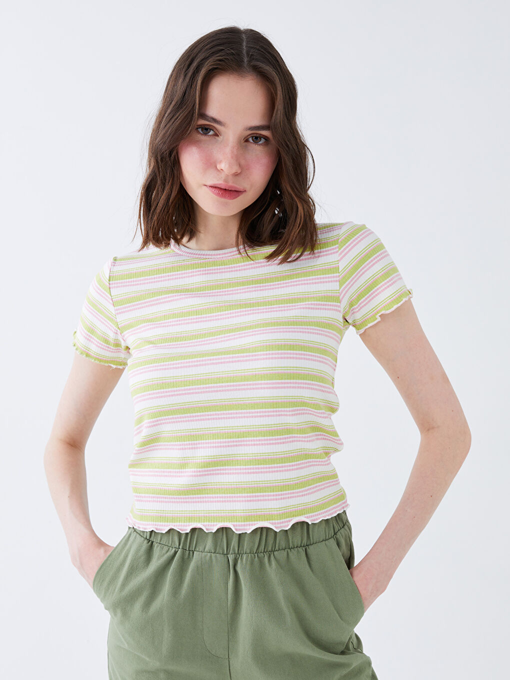 Crew Neck Striped Short Sleeve Women's Crop