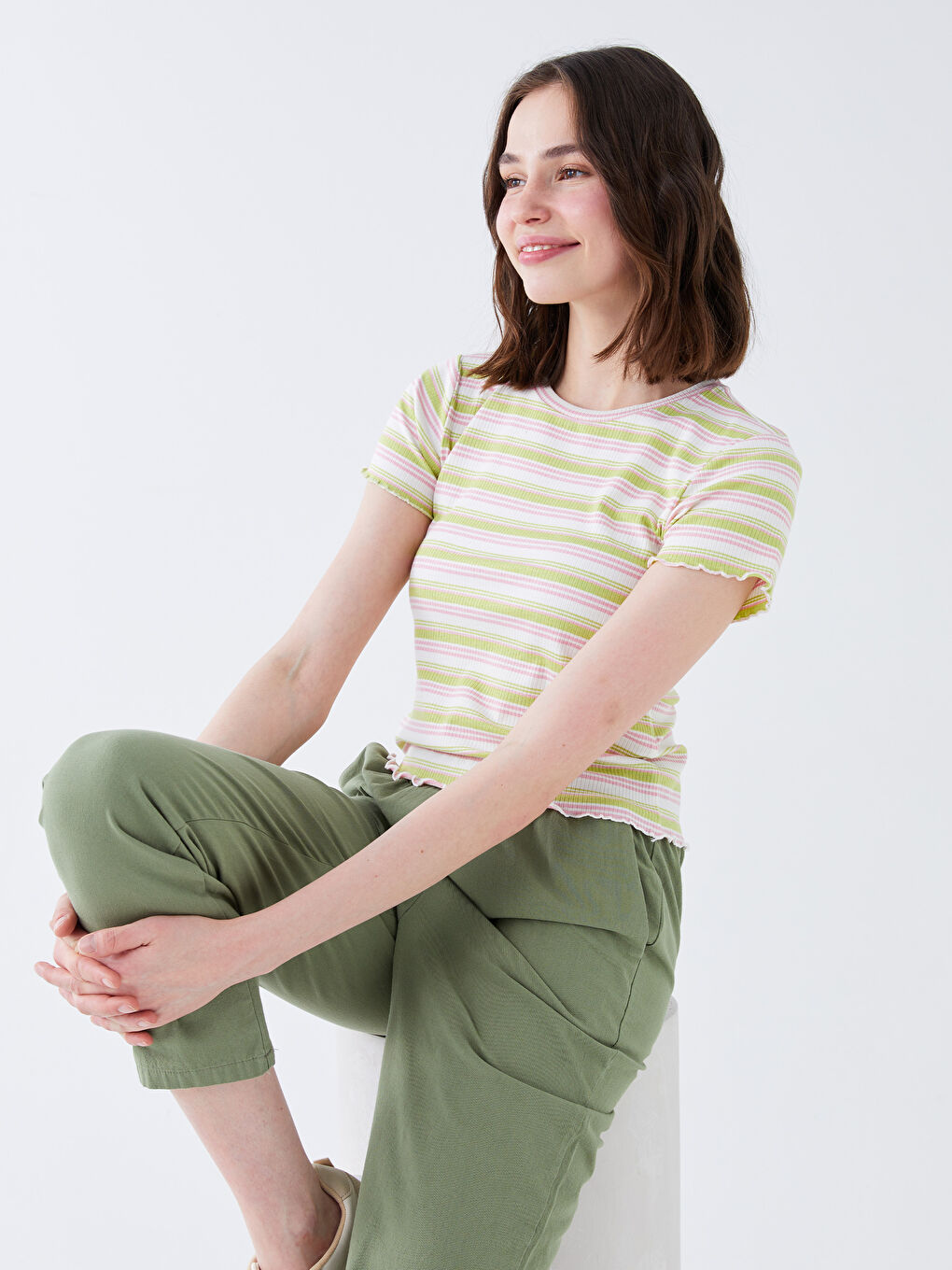 Crew Neck Striped Short Sleeve Women's Crop-1