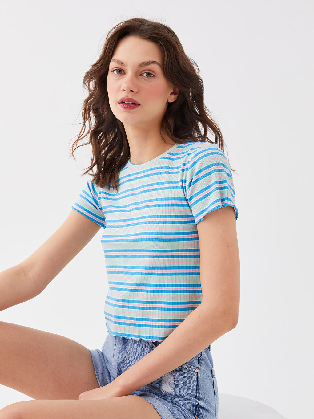 XSIDE Rundhalsausschnitt Gestreiftes Kurzarm Damen Crop-Top -S3CY65Z8-V0A