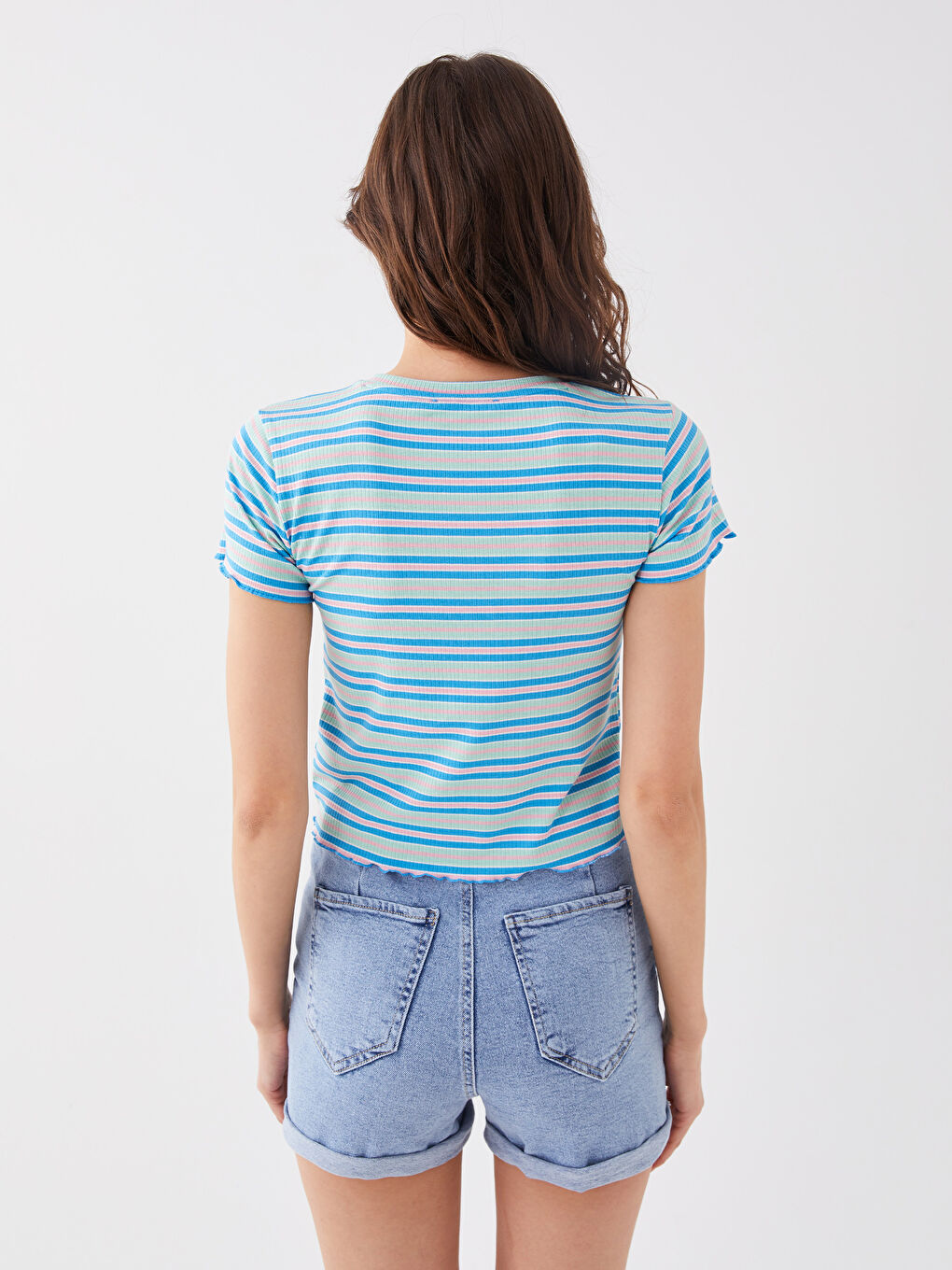 XSIDE Rundhalsausschnitt Gestreiftes Kurzarm Damen Crop-Top -S3CY65Z8-V0A