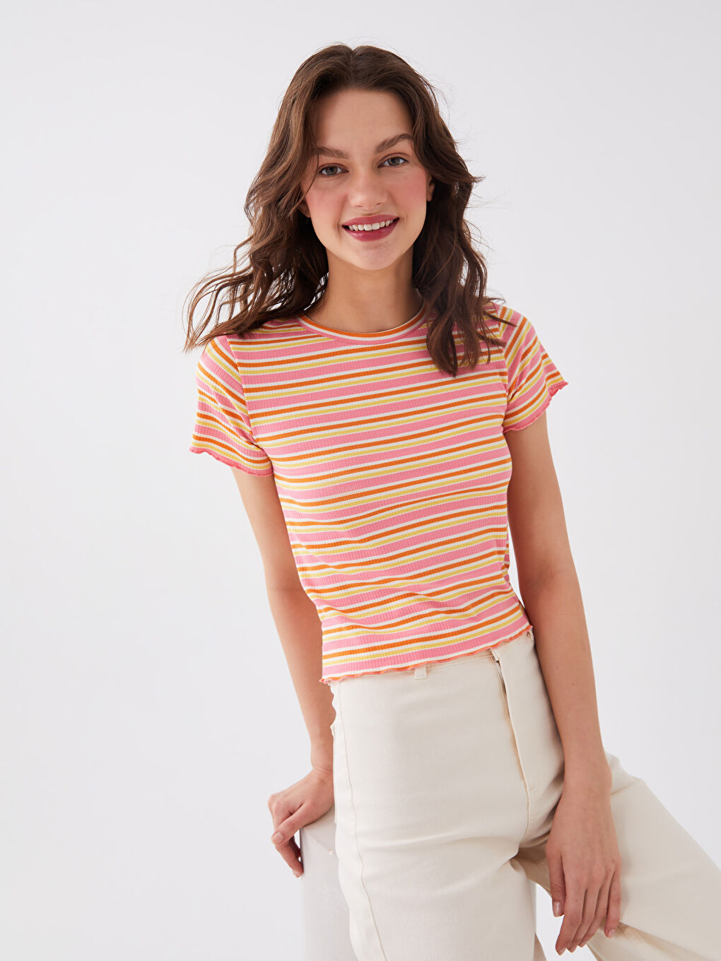Pembe Bisiklet Yaka Çizgili Kısa Kollu Kadın Crop