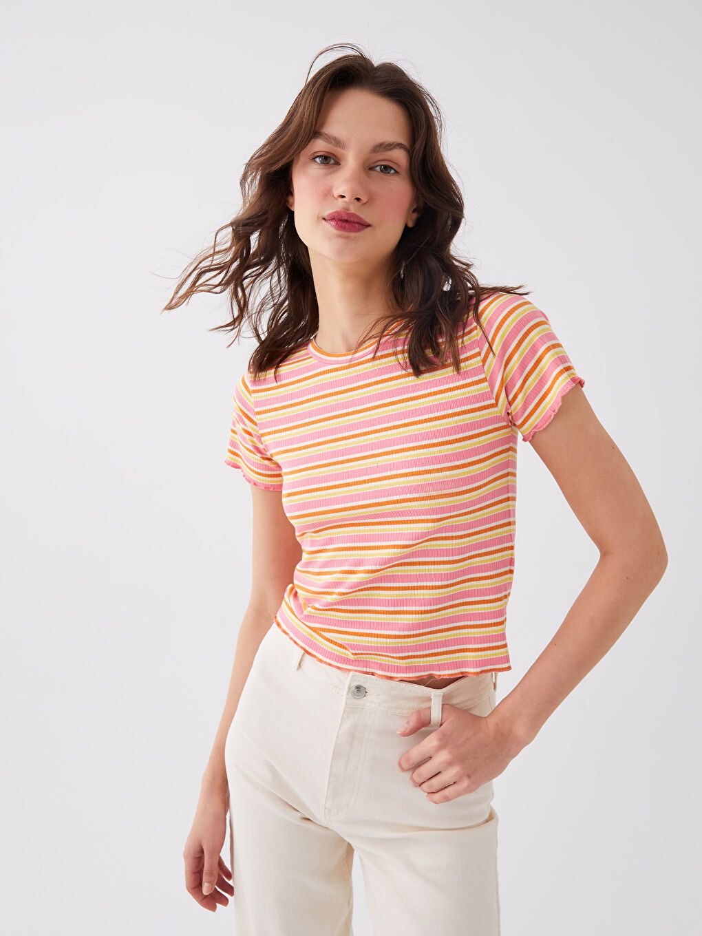 Pembe Bisiklet Yaka Çizgili Kısa Kollu Kadın Crop-1