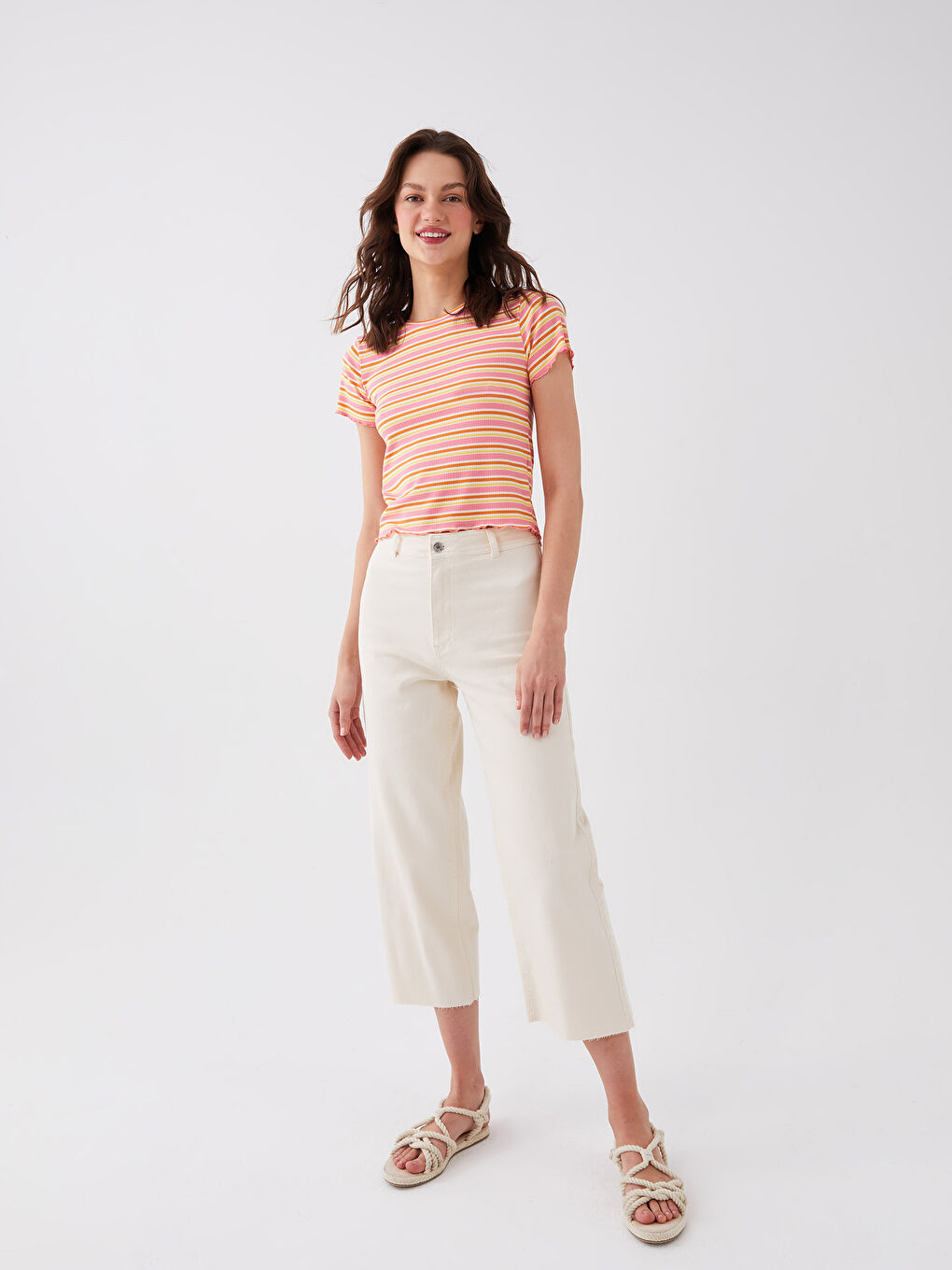 Pembe Bisiklet Yaka Çizgili Kısa Kollu Kadın Crop-2