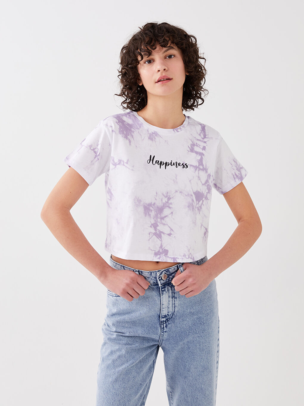 Lila Bisiklet Yaka Baskılı Kısa Kollu Kadın Crop